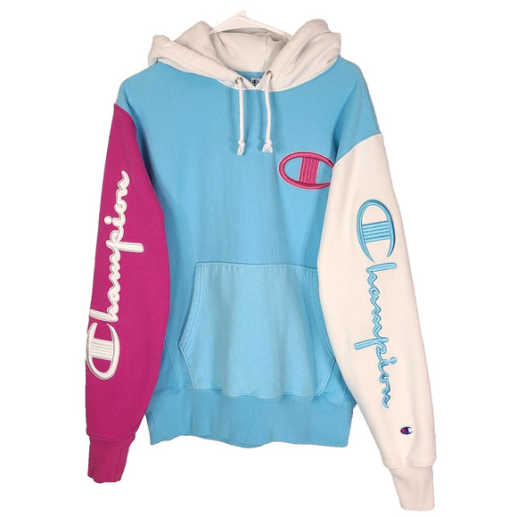Champion Men Reverse Weave Color Block Hoodie MED Pink Blue White Bold Spell Out - Picture 2 of 12